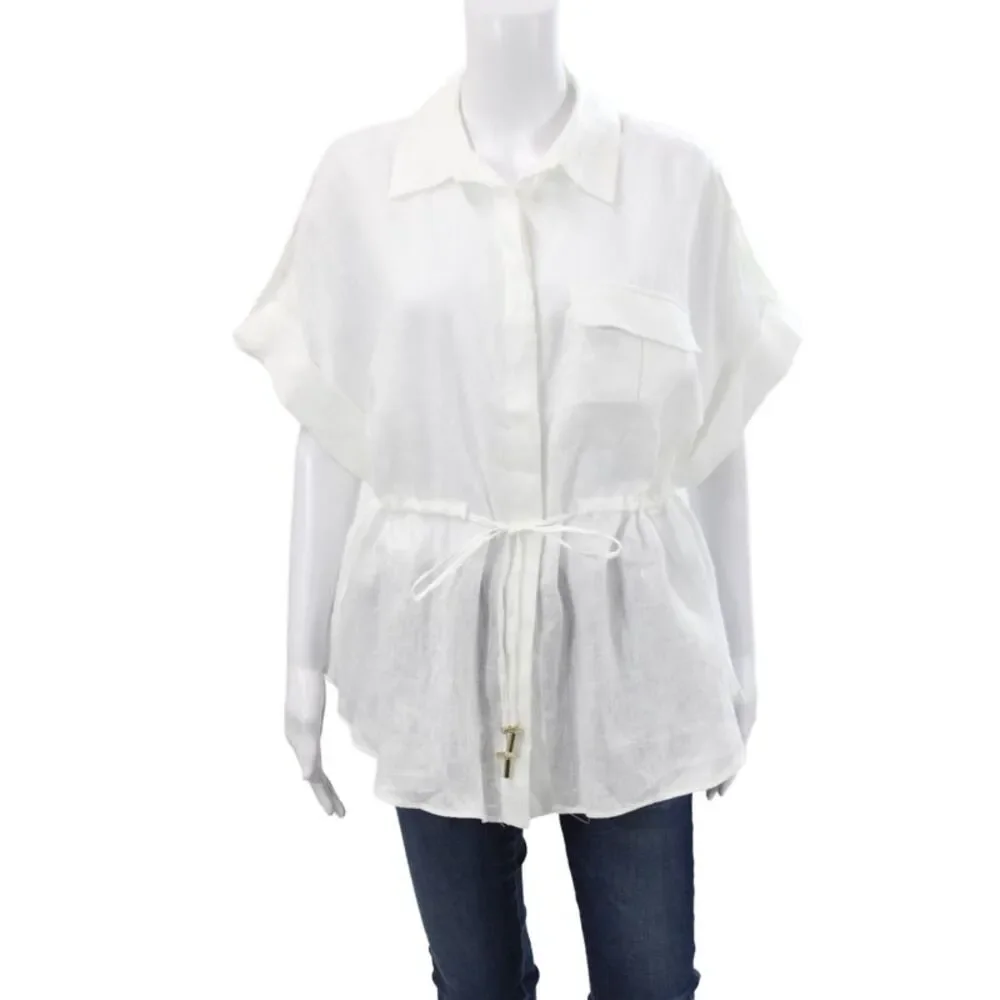 Zara Women Tunic Button Up White Linen Collared Short Sleeve Size L